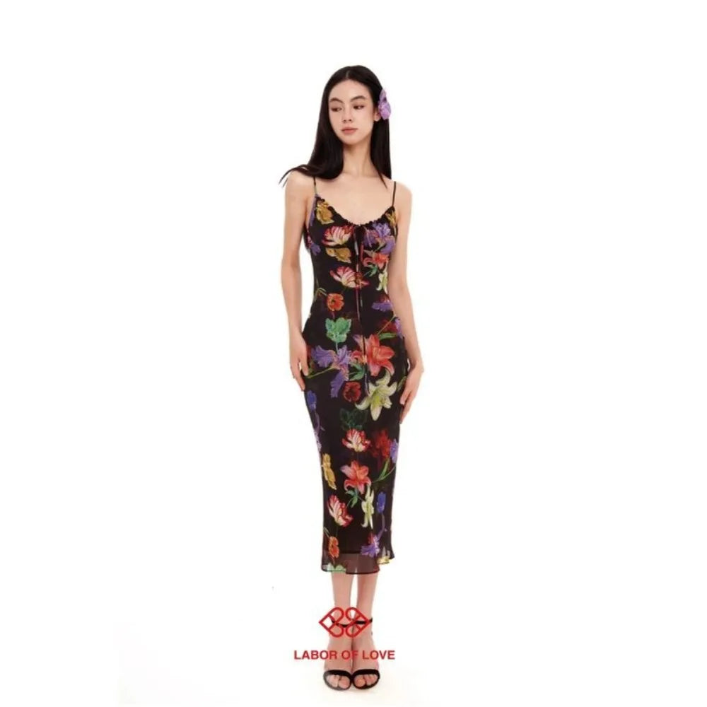 Black Tropical Maxi Dress 2025 Women Sleeveless Bodycon Mesh Dress Jungle Print Backless Evening Dress Dark Flora Aesthetic