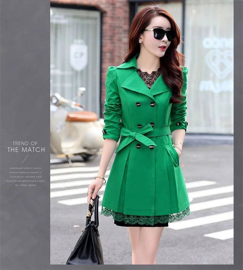 2025Spring Autumn New Windbreaker Coat Women Fashion Slim Mid Long Lace Trench Coat Female Casual Double-breasted Outerwear Tops