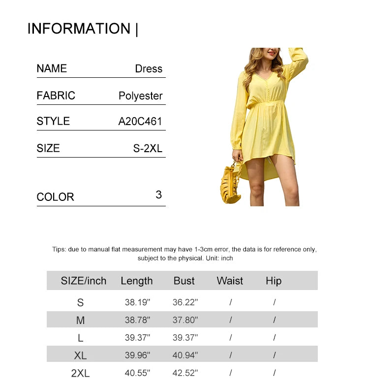 Women's V-Neck Long Sleeve Dress Casual High Waist Cute Loose A-Line Mini Swing Dress Flowy Comfortable Fit
