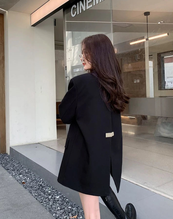 Long Women's Blazers Loose Jacket Dress Clothing Female Coats and Jackets Solid Over Black Youthful Woman Clothes New Outerwear
