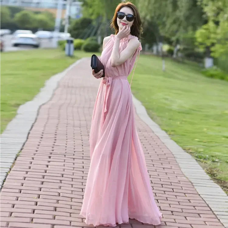 Sleeveless Chiffon Maxi Satin Long Silk Dress