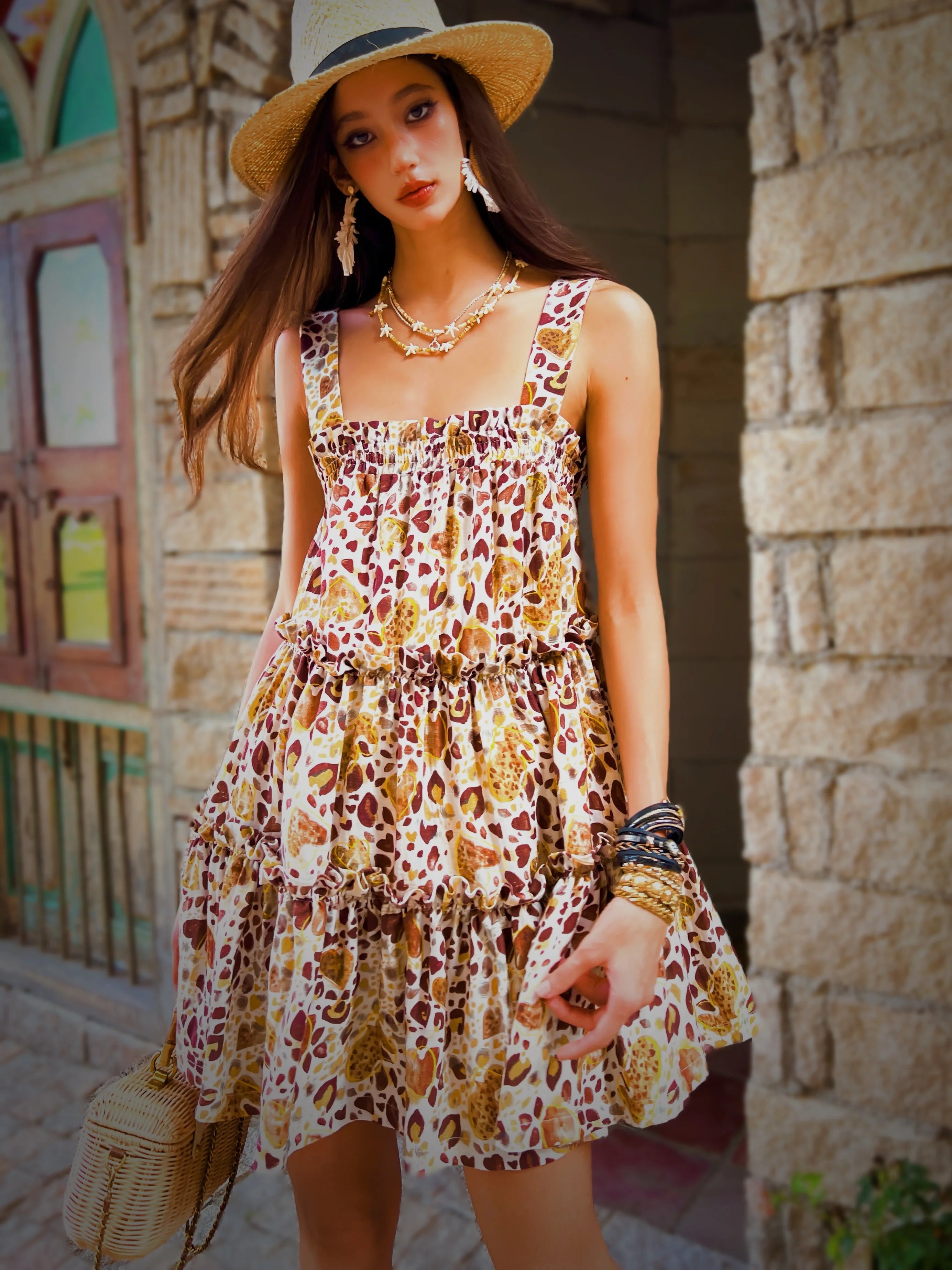Summer Print Spaghetti Strap Dress Women's Dress Backless Long Camisole Dress Knee-Length Skirt Y2K 2025 New DABUWAWA DM2BDR002
