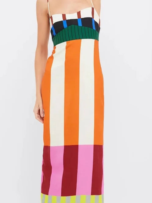 Women's Long Striped Colorful Spaghetti Strap Maxi Dress