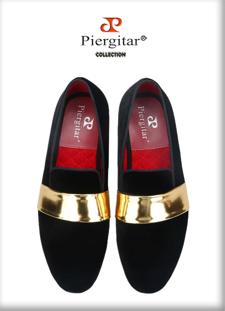 Piergitar New Style Handmade Men Velvet Loafers With Gold Patent Leather Crossbands Fashion Party And Wedding Male Dress Shoes
