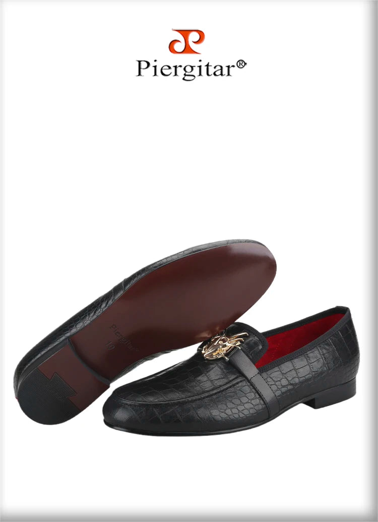 Piergitar Black Cow Leather Men Smoking Slippers Fashion Metal Buckle Handmade Slip-On Loafers For Wedding And Party Plus Size