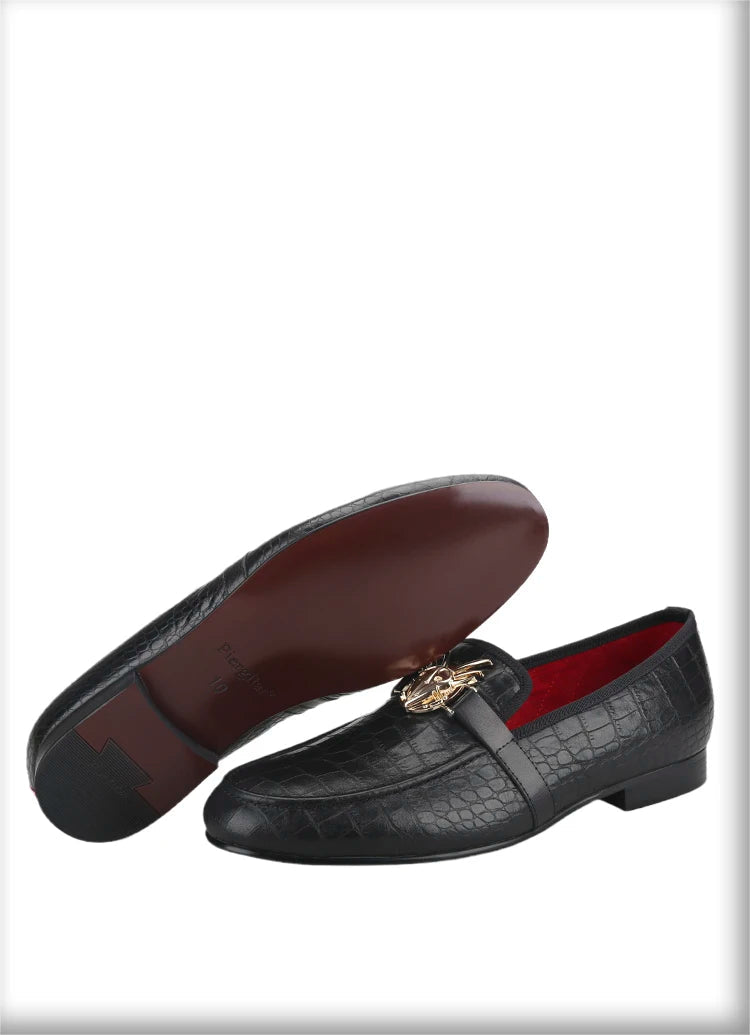 Black Cow Leather Men Smoking Loafers Fashion Metal Buckle Handmade Slide-On Loafers Wedding And Party Plus size