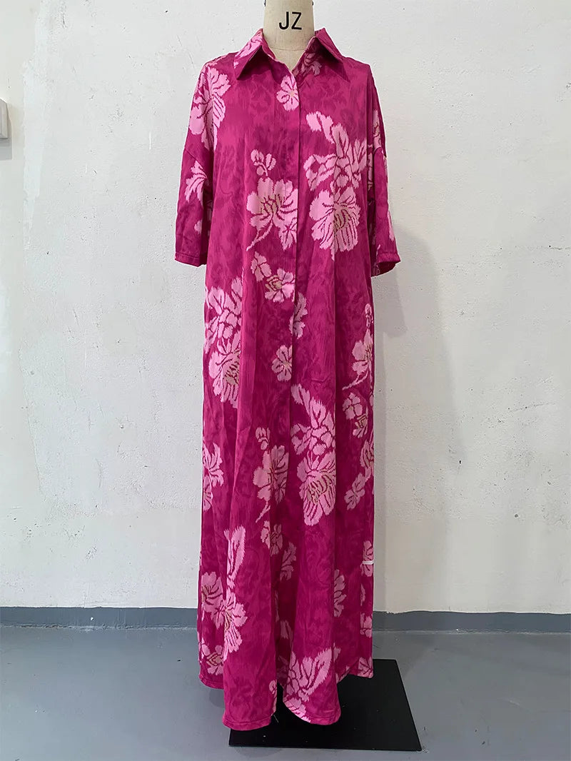 Women's Turn Down Collar Loose Fit Print Dress