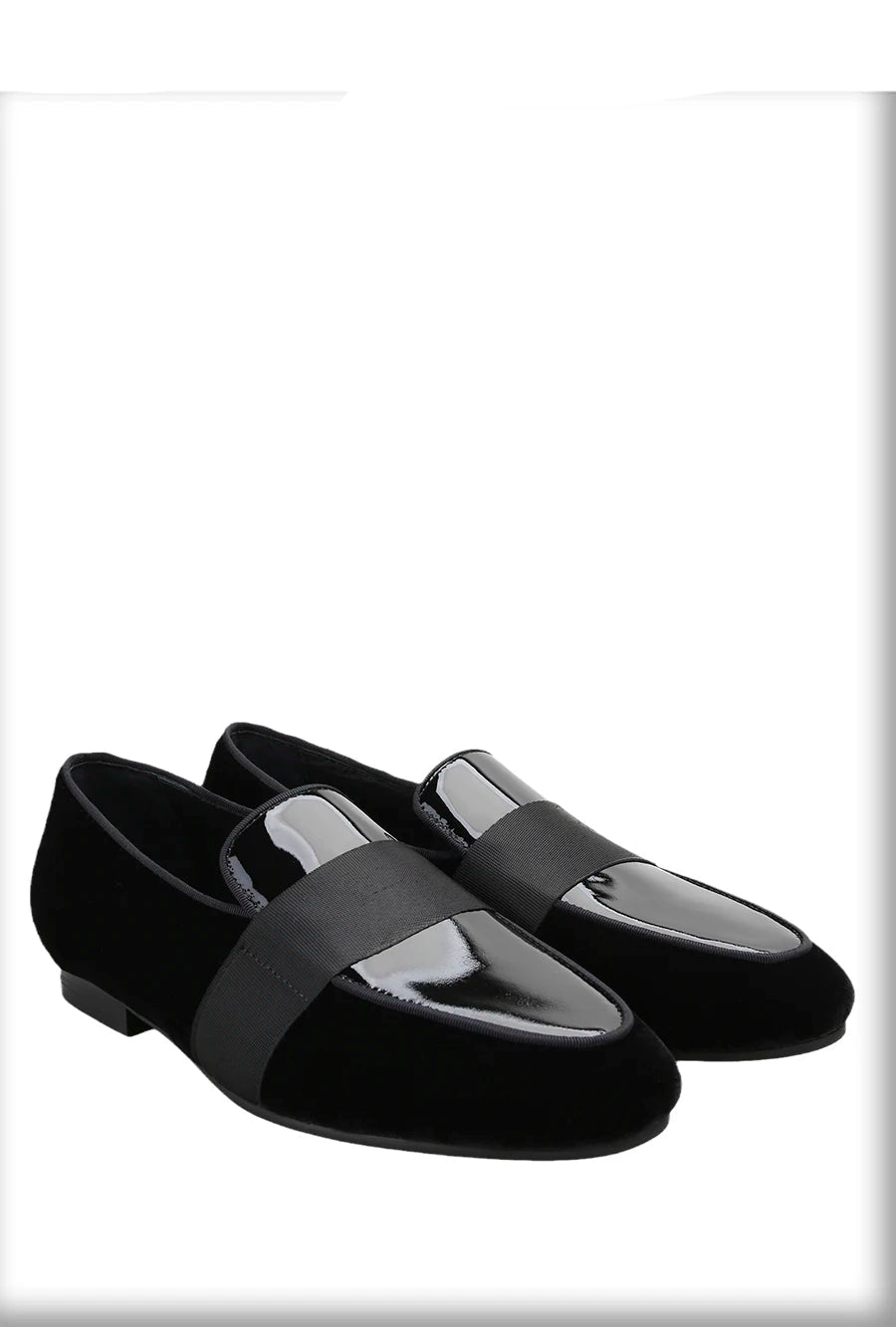 Black Velvet Patent Leather Loafers with Horizontal Band Handmade Flats for Party Formal Suits