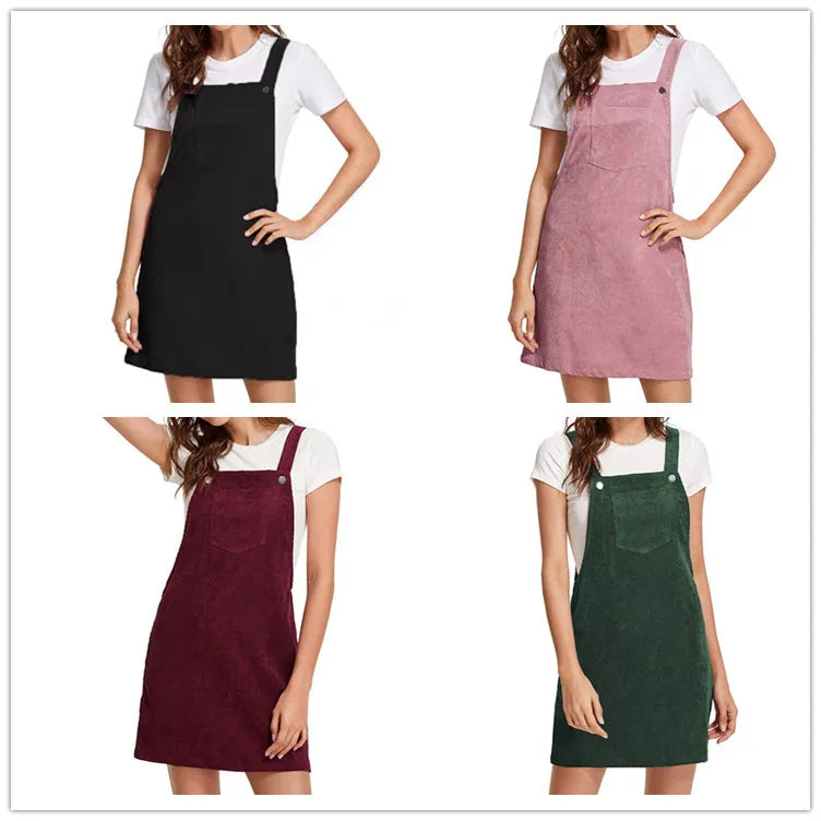 New Women's Suspender Skirt Corduroy Spring and Autumn Fashion Pocket Strap Adjustable Casual Strap Short Dress