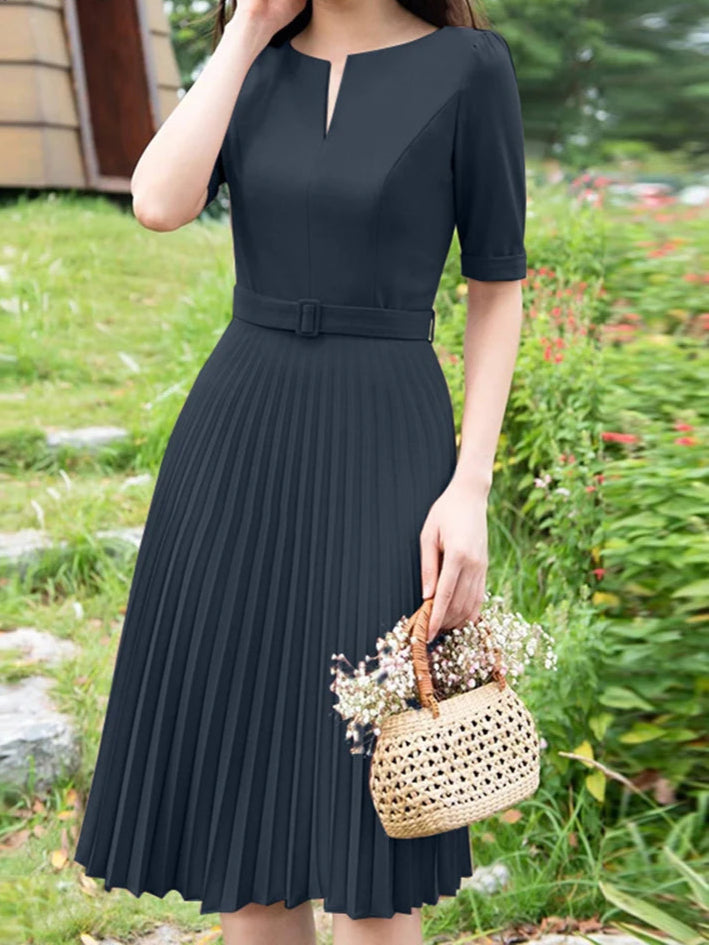 Summer Dress Women V-neck Short Sleeve Solid Pleated