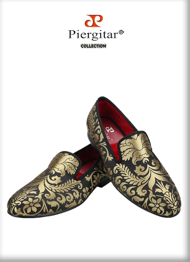 Piergitar 2023 New Upgrade Style Baroque Gold Jacquard Silk Men Loafers For Party Pair With Gold Suit Plus Size Moccasins