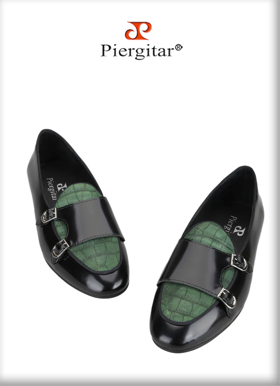 Piergitar Black Polished Leather Patchwork Green Crocodile Suede Men's Monk Shoes Handmade Slip-On Loafers For Wedding And Party
