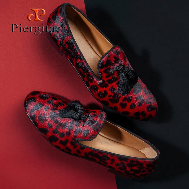 Piergitar Red And Black Animalier-Printed Superior Velvet Slippers With Handmade Silk Fringed Tassels Slip-On Men's Loafers