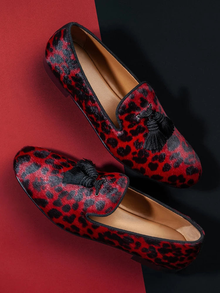 Piergitar Red And Black Animalier-Printed Superior Velvet Slippers With Handmade Silk Fringed Tassels Slip-On Men's Loafers