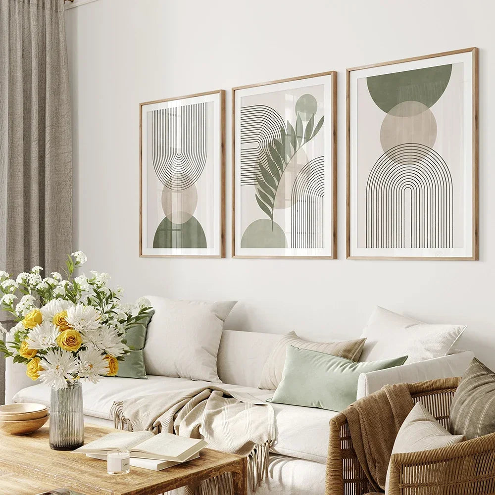 Sage Green Botanical Abstract Boho Geometry Wall Art
