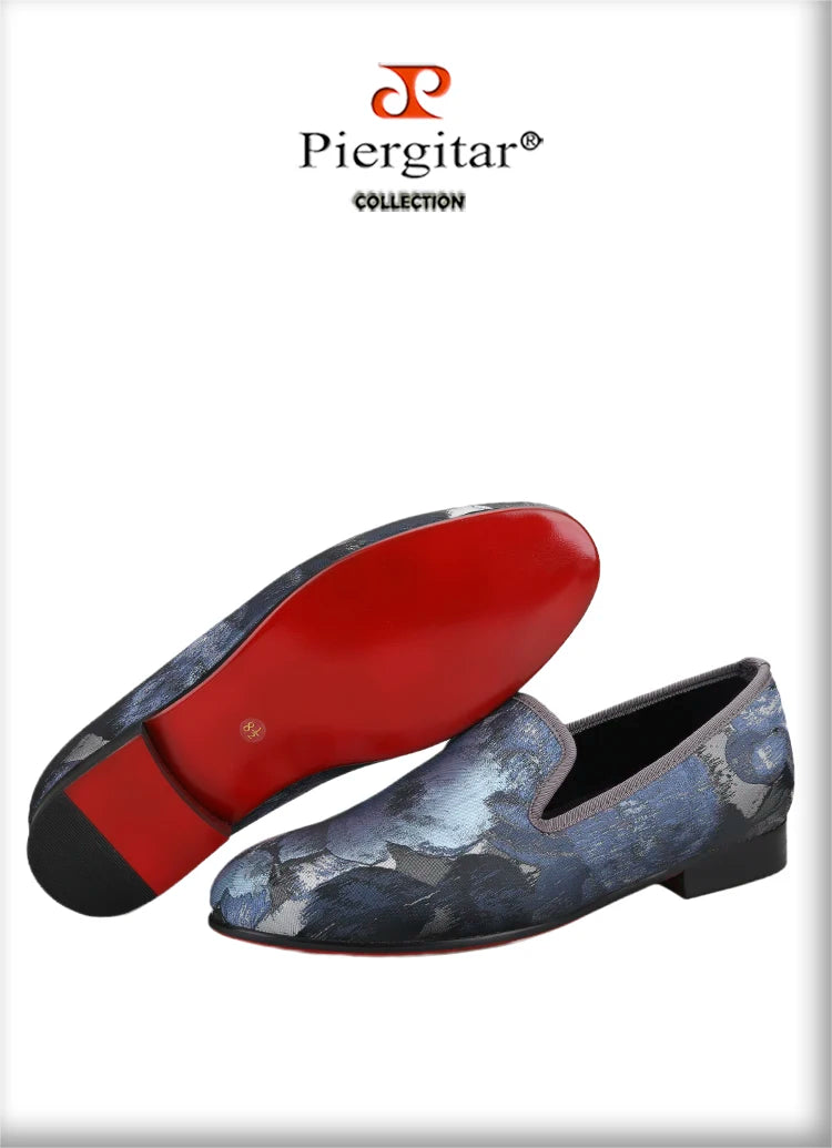 Piergitar 2023 New Abstract Printed Cotton Men's Loafers For Party Handmade Slip-On Moccasins Red Outsoles Smoking Slippers