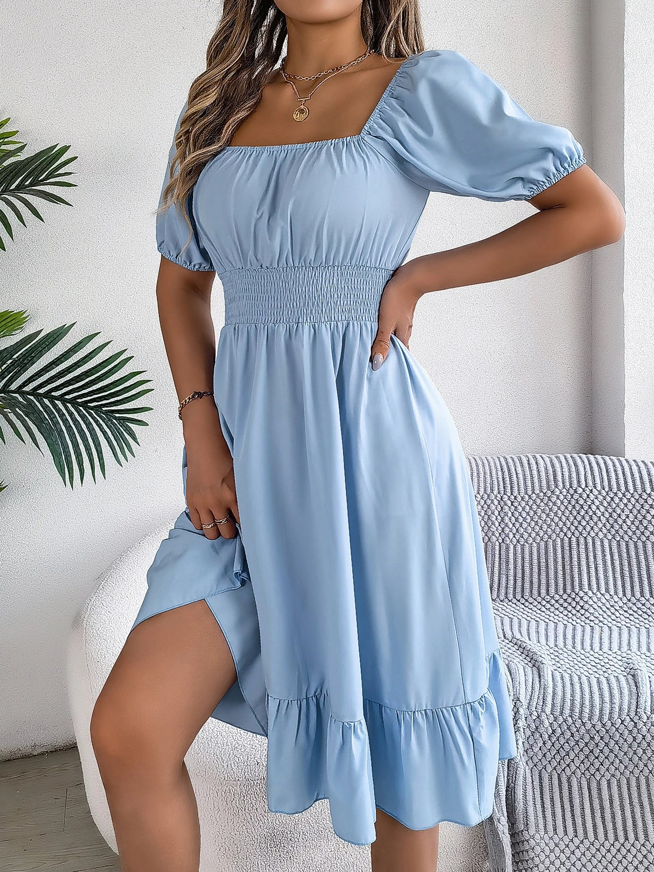 2024 New Fashion Solid Puff Sleeve Square Neck Ruched Bust Ruffle Hem Wasit Dress, Women's Clothing