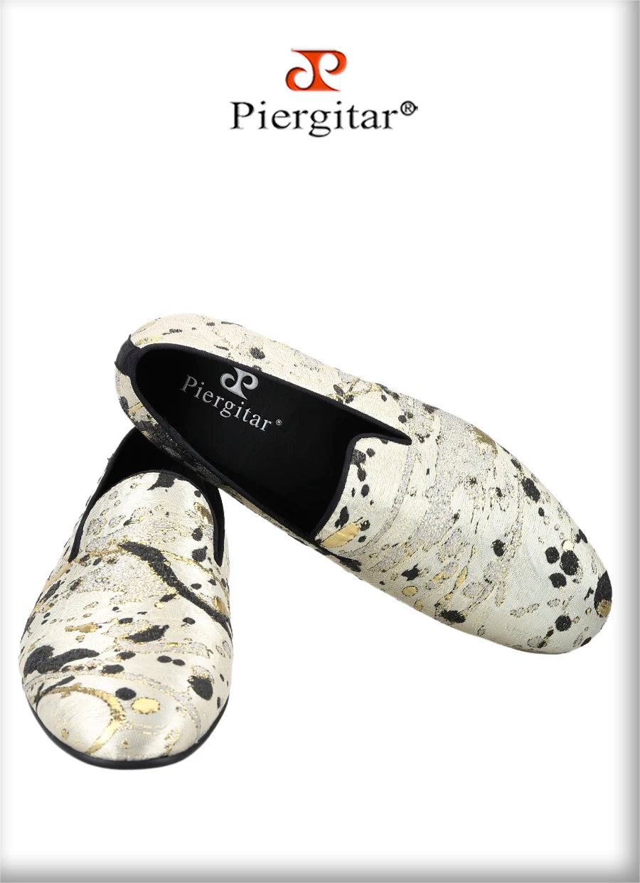 Piergitar Gold Color Ink Embossed Silk Men's Loafers Slip-On Model Handmade Moccasins For Wedding Breathable Leather Insole