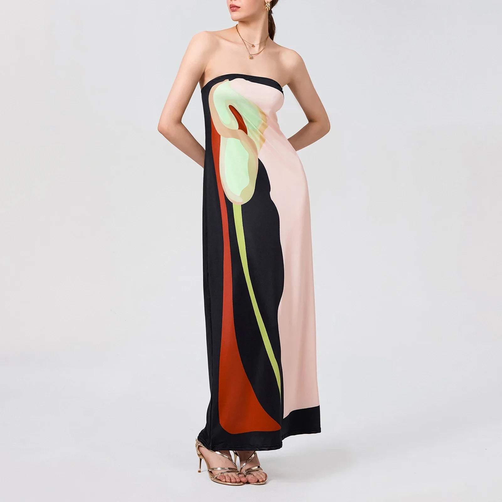 Tube Bodycon Dress Women Elegant Avocado Print Strapless Elegant Maxi Dress Sleeveless Holiday Robes Summer Chic Long Dress