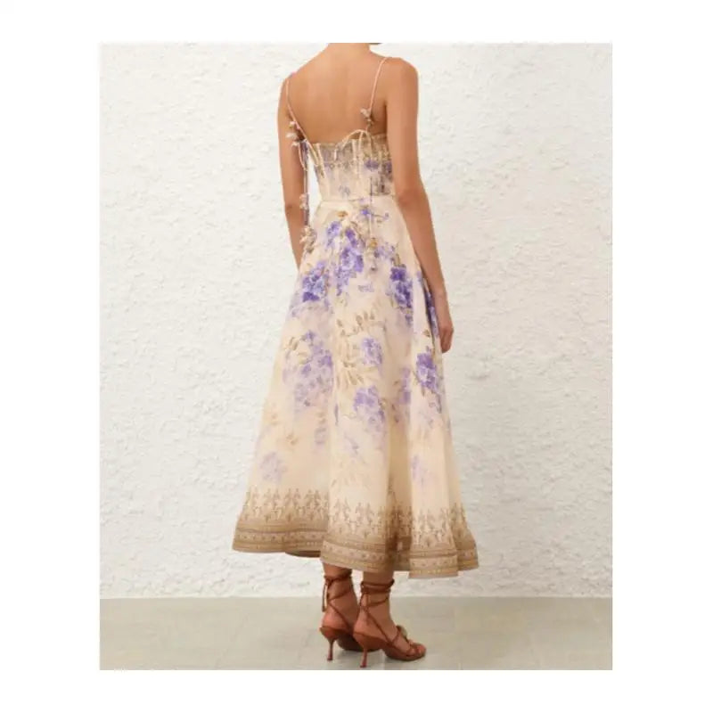 2025 New French High Quality Luxury Chic Dress Appliques Floral Print Spring Summer Strapless Women Holiday Spaghetti Midi Dress