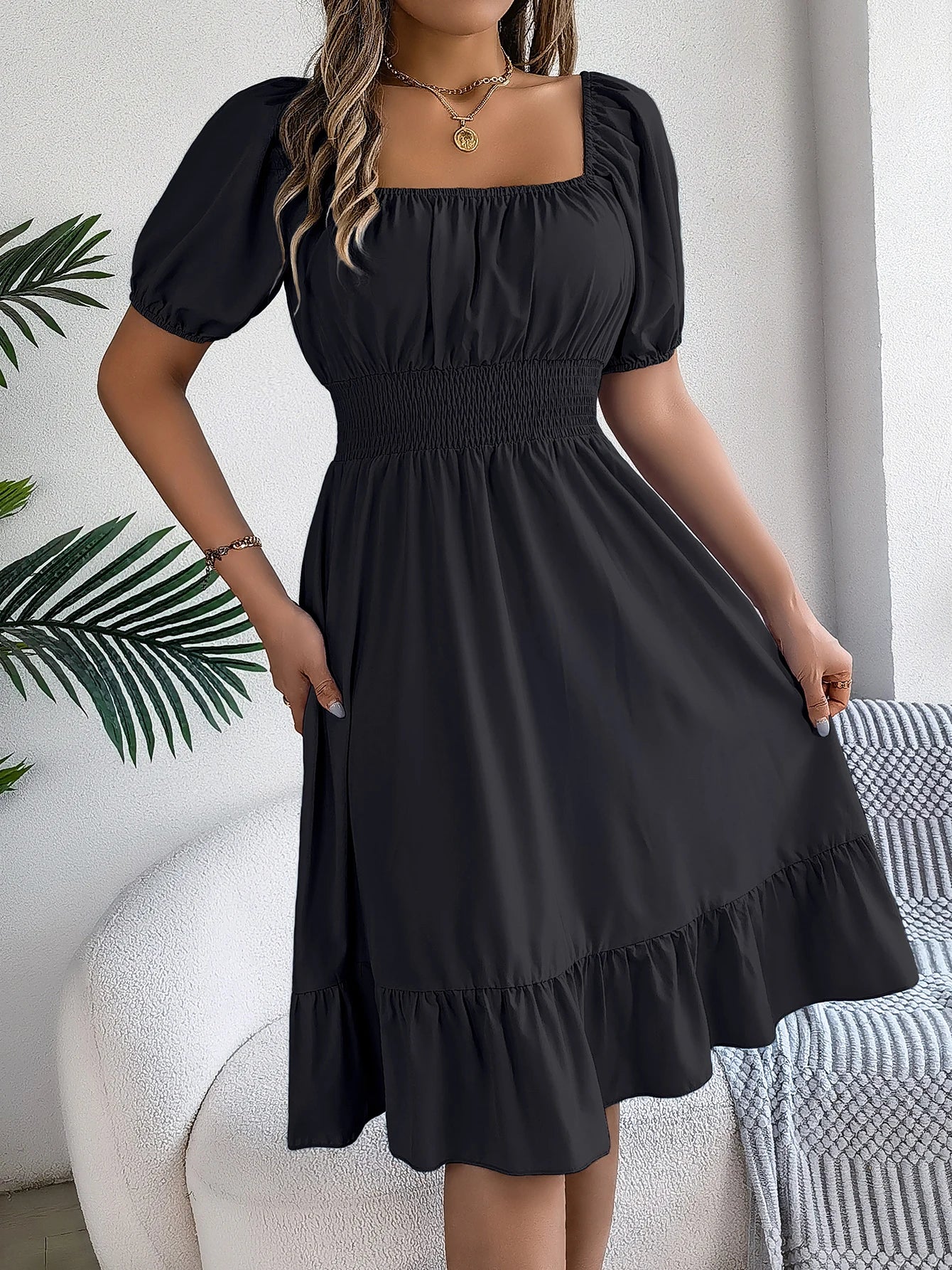 2024 New Fashion Solid Puff Sleeve Square Neck Ruched Bust Ruffle Hem Wasit Dress, Women's Clothing