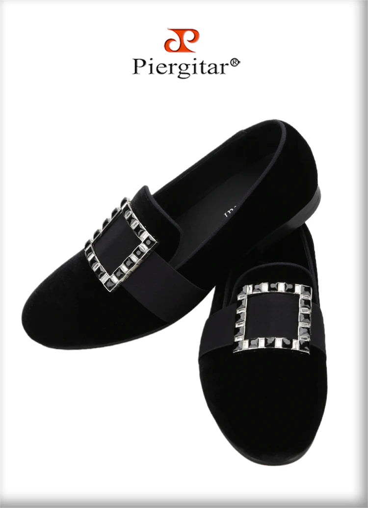 Piergitar Black And Silver Rhinestones Square Buckles Men Velvet Shoes For Wedding Or Party Handmade Slip-On Loafers Plus Size