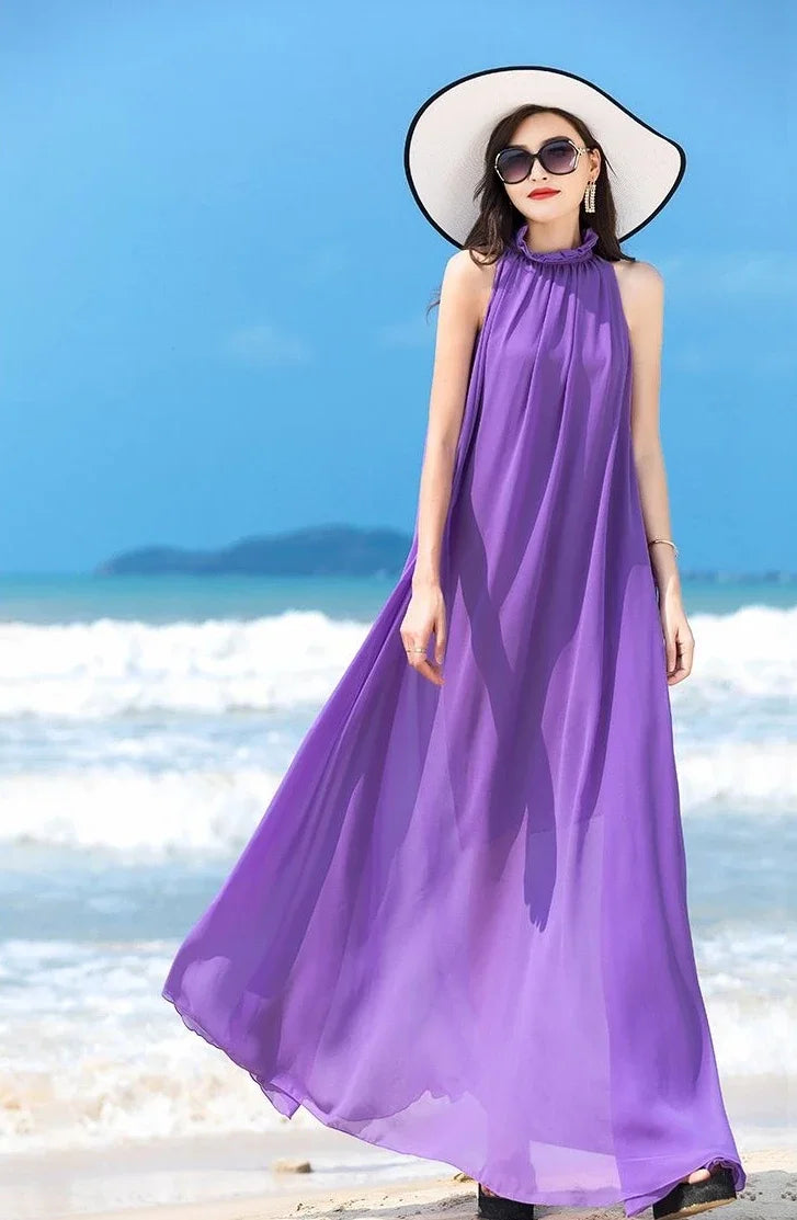 Sleeveless Chiffon Maxi Satin Long Silk Dress