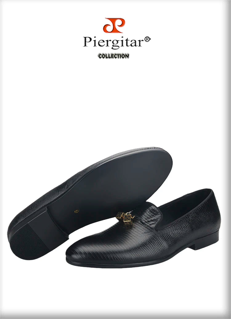 Piergitar Black Lizard Embossed Leather Men Loafers With Gold Titanium Steel Dice Buckle Tassels GZ Same Design Slip-On Moccasin