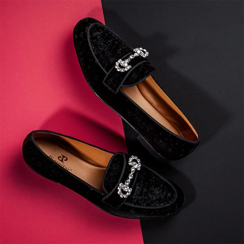 Black Velvet Loafers For Men With Crystal Rhinestone Horsebit Embellishments