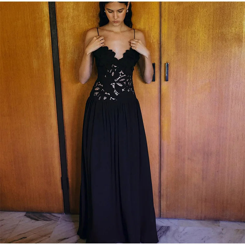 Women's Sleeveless High Waist Pleated Hollow Lace Dress
