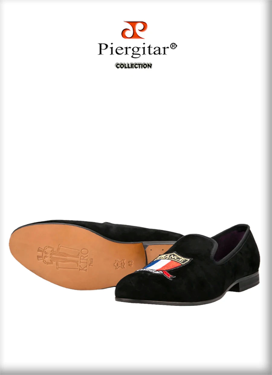 Piergitar Handmade Embroidery Of Four Powerful Football Countries Black Velvet Men Loafers Genuine Leather InSoles And Outsoles