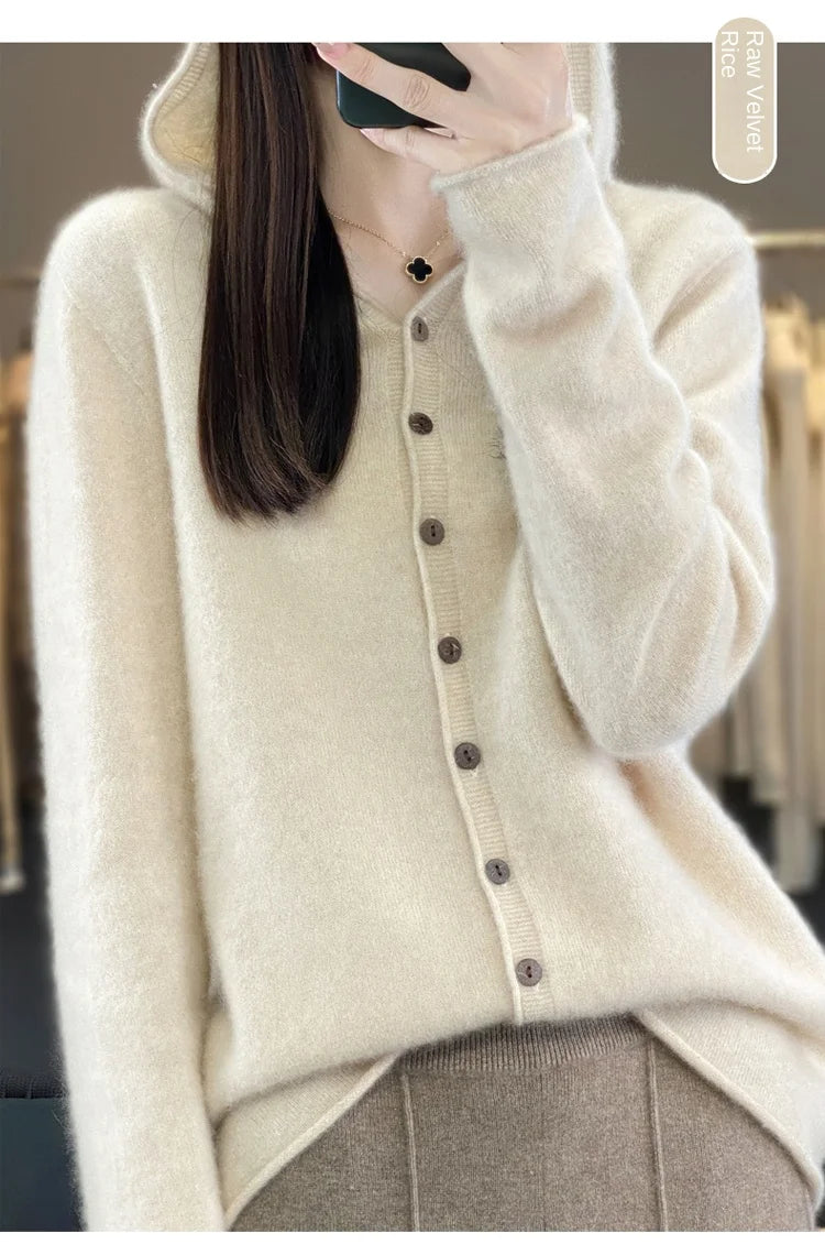 First Line 100% Merino Wool Knitted Cardigan Women's Autumn And Winter Hoodie Loose Sweater Fashionable Versatile Coat Top YC014