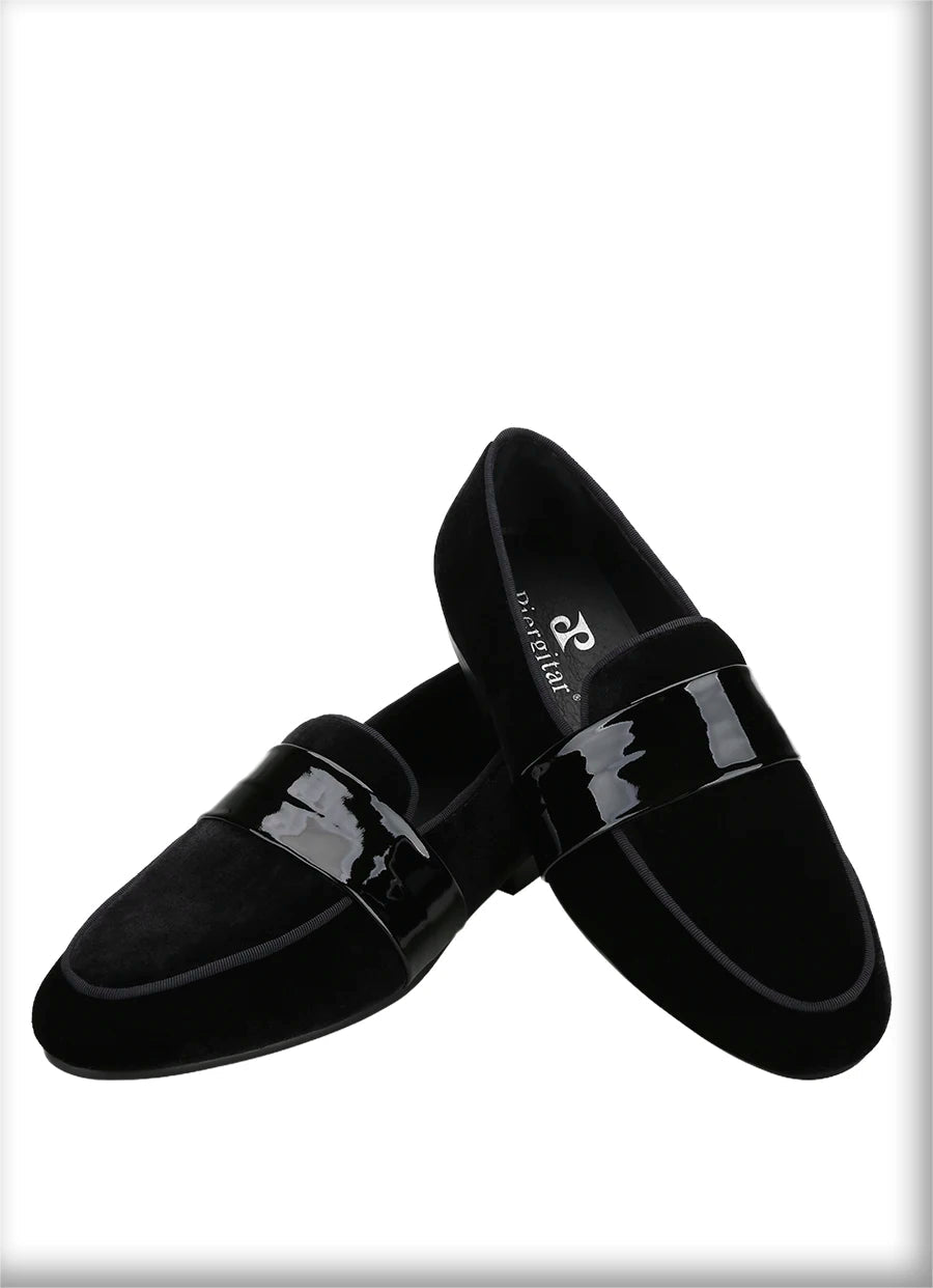 Classic Black Velvet Slip-On Men Shoes with Patent Leather Cross Strap Loafers for Fashion Party Wear