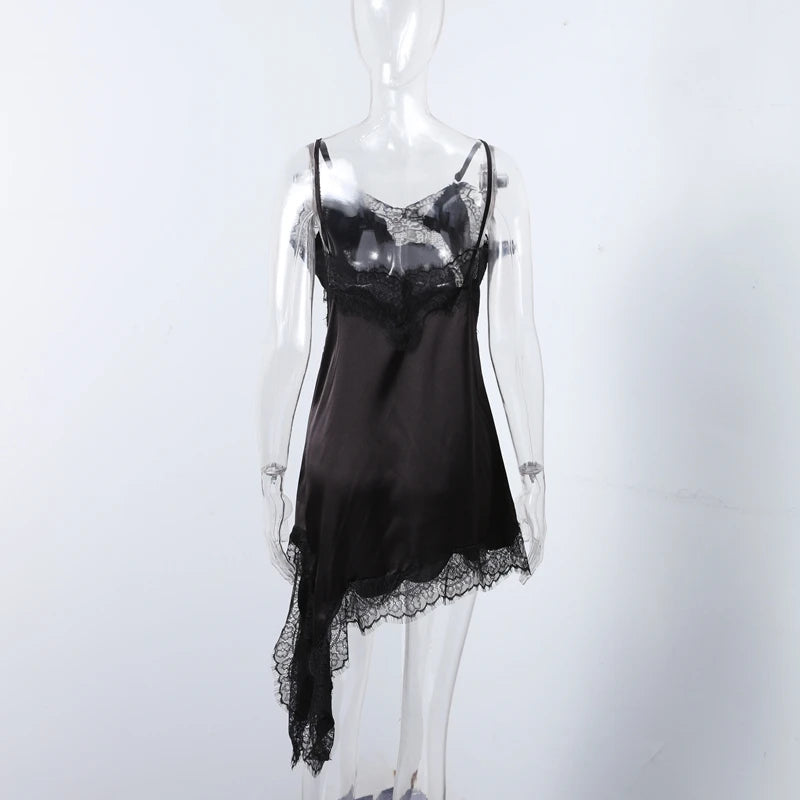 Sexy Sling Dress Women V Neck Hollow Out Backless Patchwork Lace