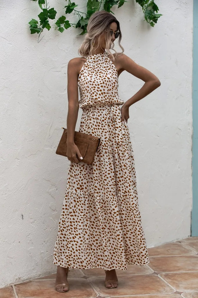 2025 Top Selling Women's Dress Elegant and Sexy Office Commuting Travel Leisure Wave Point Printed Neck Strap Dress Long Skirt