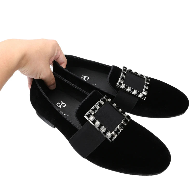 Piergitar Black And Silver Rhinestones Square Buckles Men Velvet Shoes For Wedding Or Party Handmade Slip-On Loafers Plus Size