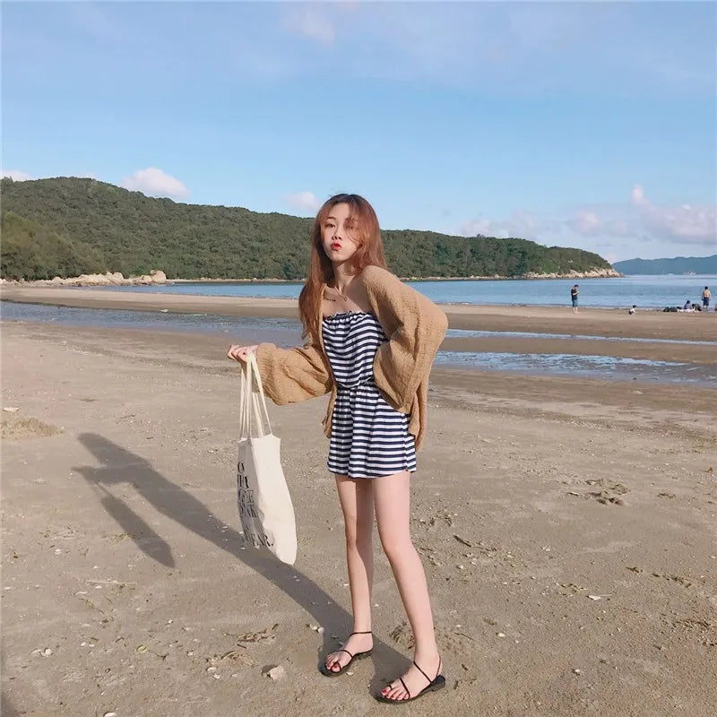 Women Women's Korean College Style Lazy Loose Sunscreen Cardigan Summer Sexy Knitting Cardigan One Size