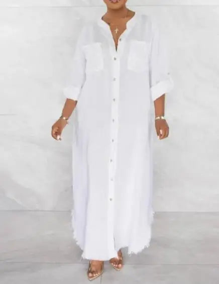 Women Loose Long Sleeve Open Neck Dress