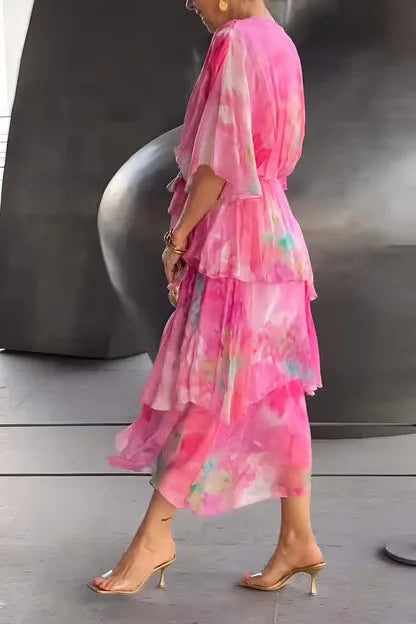 2025 Summer New Elegant Women's Chiffon Dress Fashionable Printed V-neck Short-sleeved Layered Ruffle Loose Lace-up Long Skirt