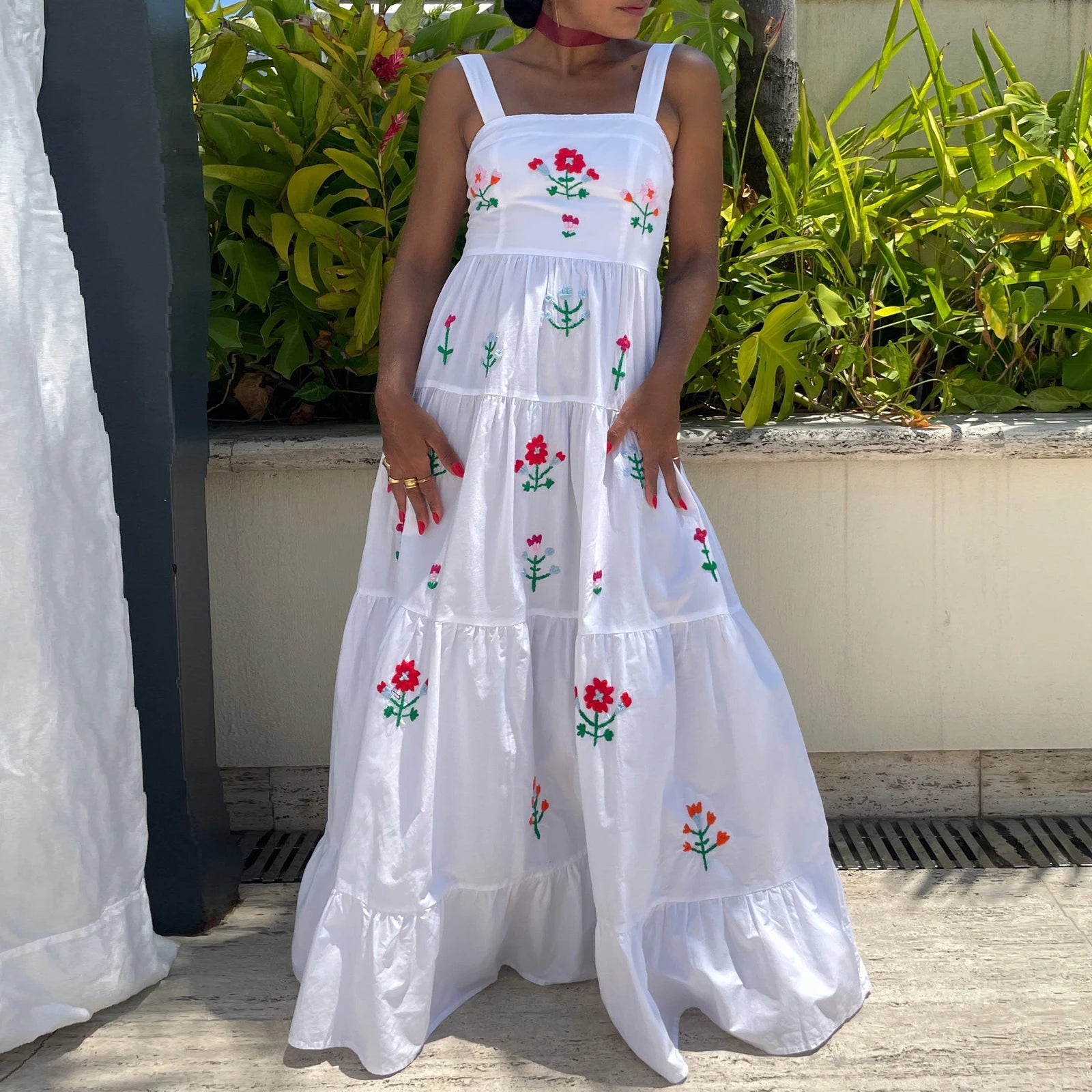 Imcute Women Cute Embroidered Maxi Dress Beach Dress Summer Boho Ruffle Long Dress Spaghetti Strap Flowy Maxi Dress