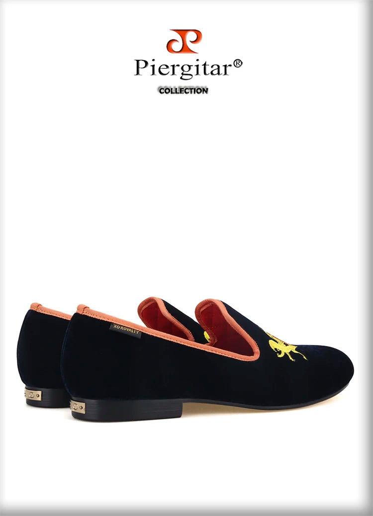 Piergitar British Style Embroidery Navy Velvet Shoes With Gold Outsole Handmade Men Loafers Slip-On Smoking Slippers For Party