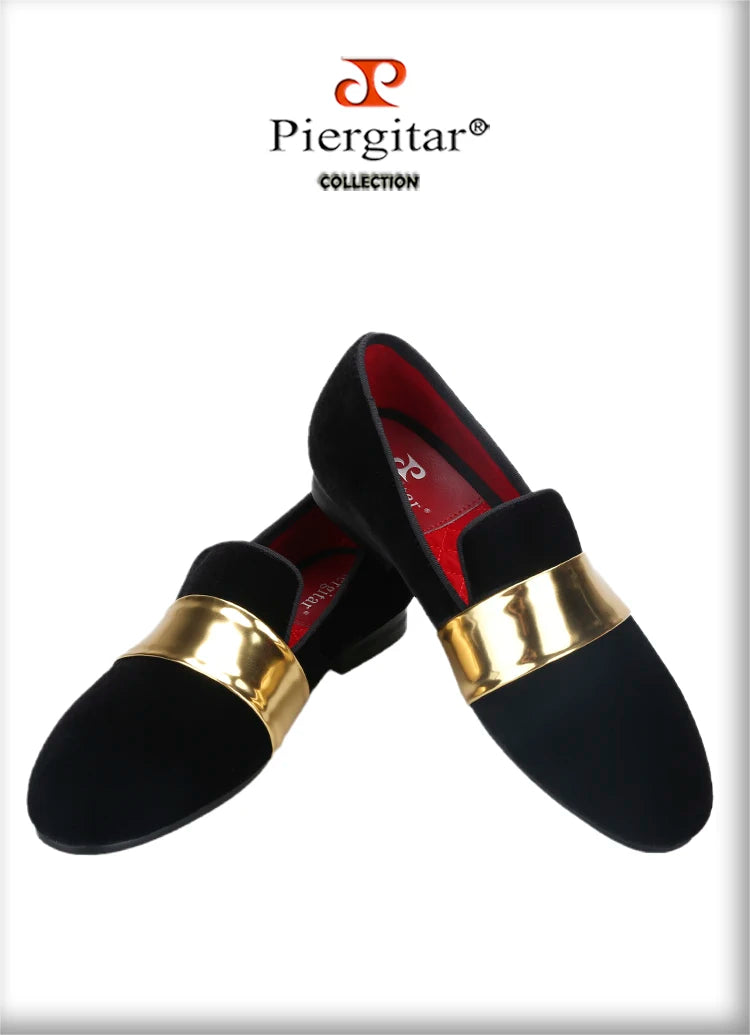 Piergitar New Style Handmade Men Velvet Loafers With Gold Patent Leather Crossbands Fashion Party And Wedding Male Dress Shoes