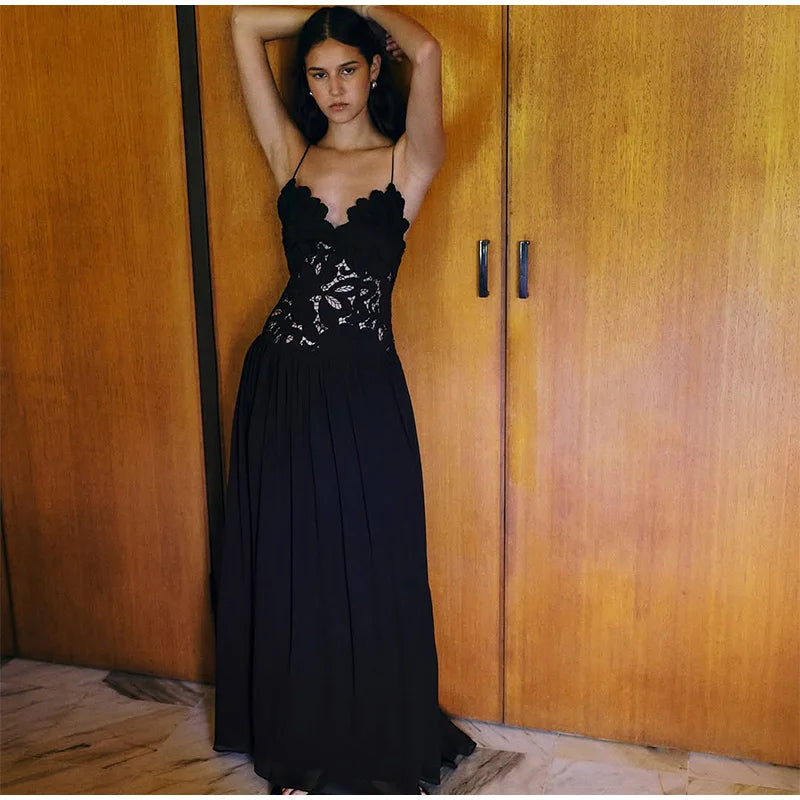 Women's Sleeveless High Waist Pleated Hollow Lace Dress