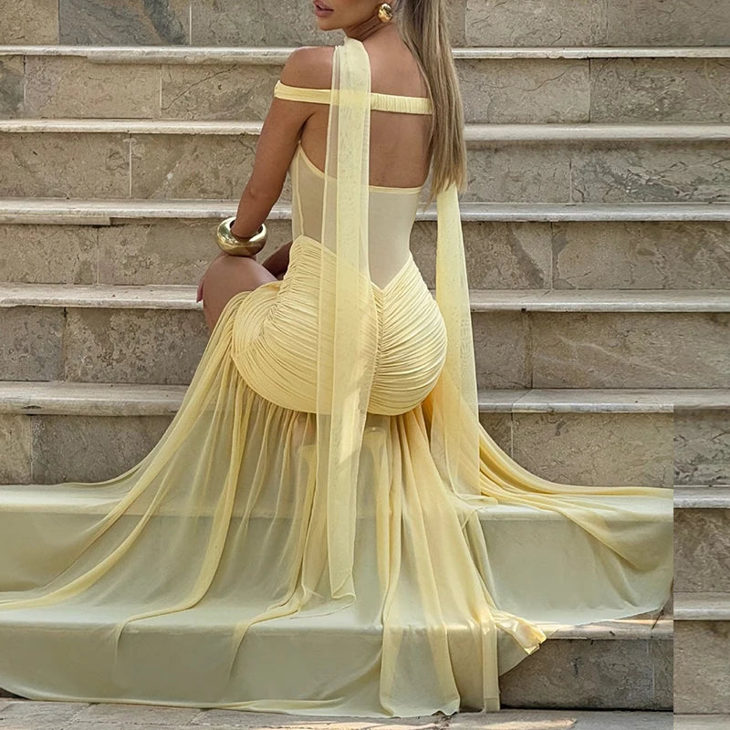 V-Neck Off Shoulder High Side Split Dress