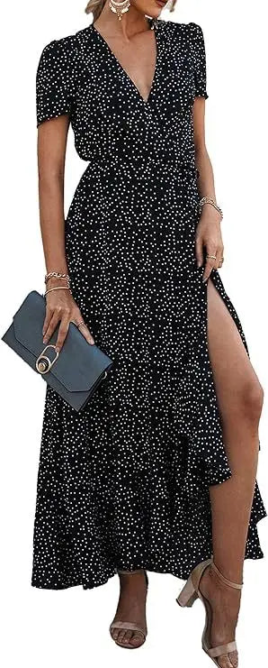 2025 Summer Women's Short-sleeved Dress V-neck Floral High Waist Slim and Stylish Bohemian Pleated Long Skirt