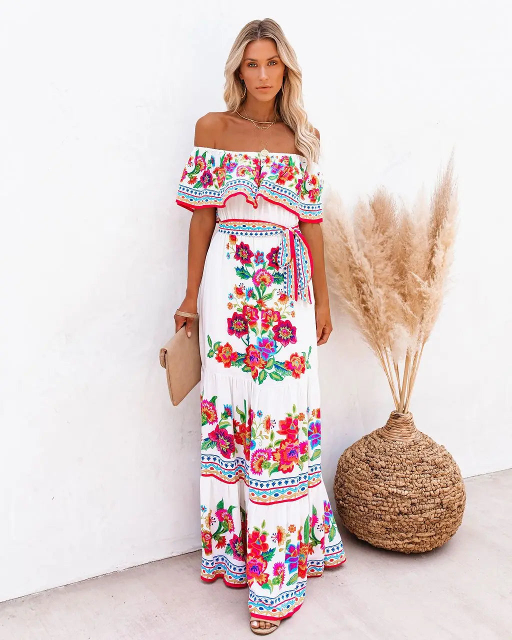 2024 Spring/Summer New Women Retro Fashion One Shoulder Red Flower Printed Waist Collection Long Style Large Swing Casual Dress