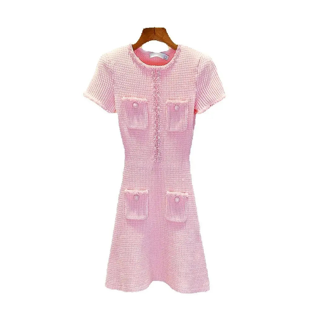 traf 2025 woman tight dress knitted tassel stretch corset elegant women's dress y2k clothes New fashion pink hip skirt