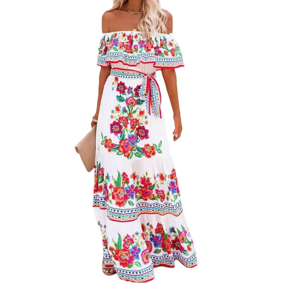 2024 Spring/Summer New Women Retro Fashion One Shoulder Red Flower Printed Waist Collection Long Style Large Swing Casual Dress