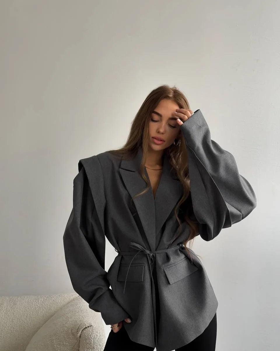 Trendy Lace-up Waist Cinching Blazer Woman Casual V-neck Solid Office Outerwear 2025 Autumn New Commute Long Sleeve Short Coats