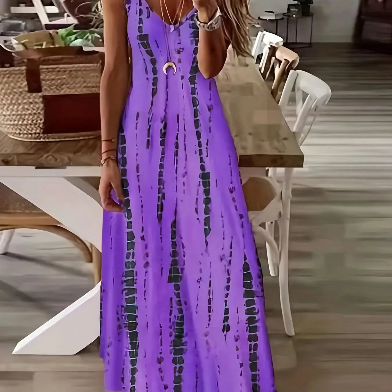 Blue Tribal Pattern Print Beach Vacation Casual Suspender Dress Fashionable Casual Sleeveless Loose Suspender Ankle Length Dress